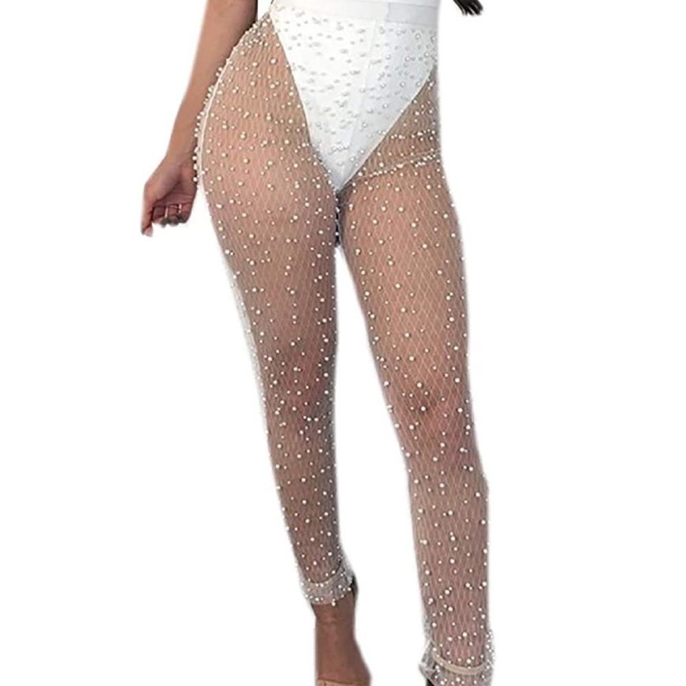 Mesh Pearl Beaded Skinny Leggings